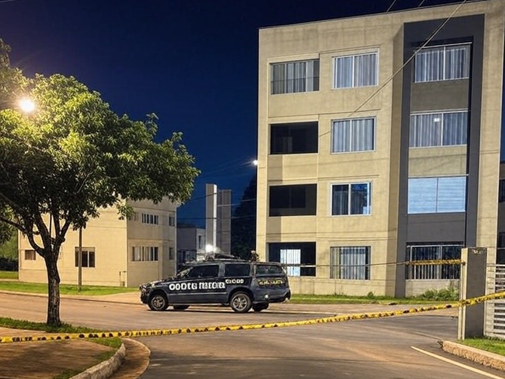 Cena de crime isolada por polícia no Guará II, Distrito Federal, com viaturas e fita de isolamento em rua residencial.