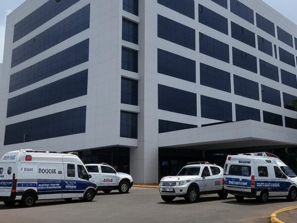 Hospital em Taguatinga com viaturas policiais, representando prisão de técnicos de enfermagem por injetar desinfetante em pacientes de UTI.