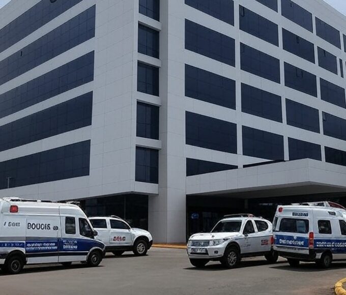Hospital em Taguatinga com viaturas policiais, representando prisão de técnicos de enfermagem por injetar desinfetante em pacientes de UTI.
