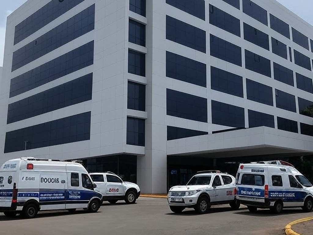 Hospital em Taguatinga com viaturas policiais, representando prisão de técnicos de enfermagem por injetar desinfetante em pacientes de UTI.