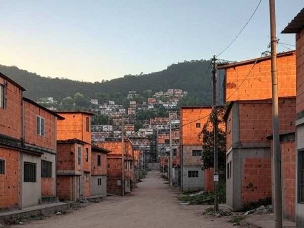 Rua vazia em favela brasileira com marcas de violência, ilustrando estudo sobre risco maior de morte violenta para negros no Brasil.