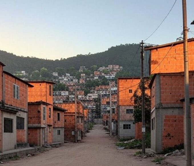 Rua vazia em favela brasileira com marcas de violência, ilustrando estudo sobre risco maior de morte violenta para negros no Brasil.