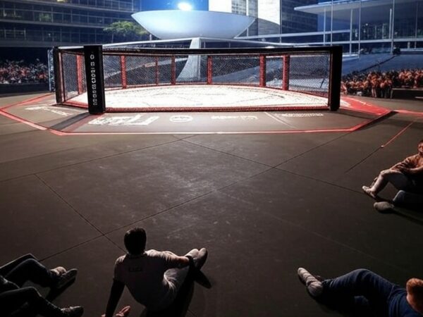 Octógono de MMA em arena de Brasília, representando evento da LFA com apoio oficial.