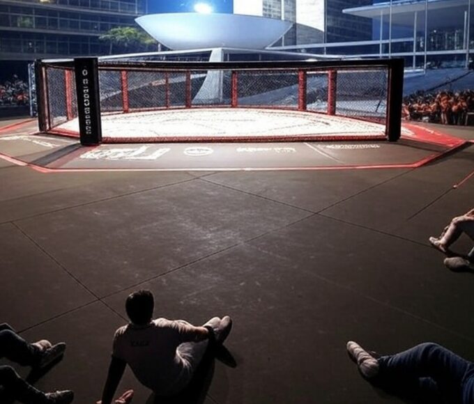 Octógono de MMA em arena de Brasília, representando evento da LFA com apoio oficial.