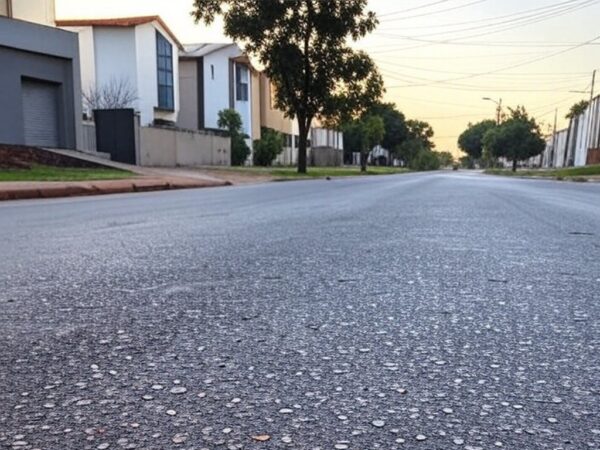 Rua em Vicente Pires com chiclete no asfalto, representando incidente de agressão a adolescente internada na UTI.