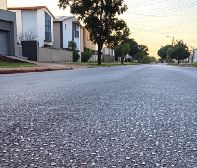 Rua em Vicente Pires com chiclete no asfalto, representando incidente de agressão a adolescente internada na UTI.