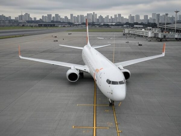 Avião da Gol em aeroporto brasileiro com Cristo Redentor ao fundo, representando legado da companhia aérea.