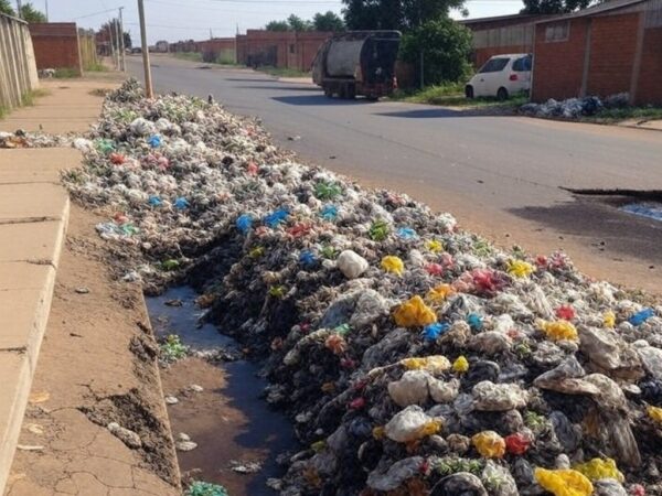 Rua em Ceilândia com lixo sendo removido por caminhões, destacando falhas na infraestrutura do DF.