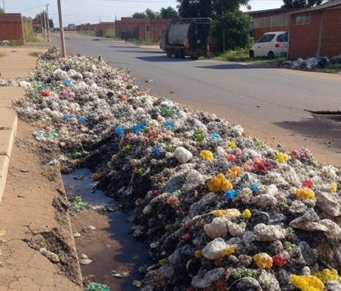Rua em Ceilândia com lixo sendo removido por caminhões, destacando falhas na infraestrutura do DF.