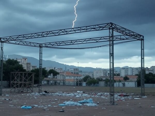 Raio atingindo palanque de ato político em Belo Horizonte, com céu tempestuoso e bandeiras brasileiras.