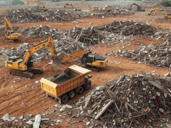 Escombros do Torre Palace Hotel sendo removidos por máquinas após implosão em Brasília.