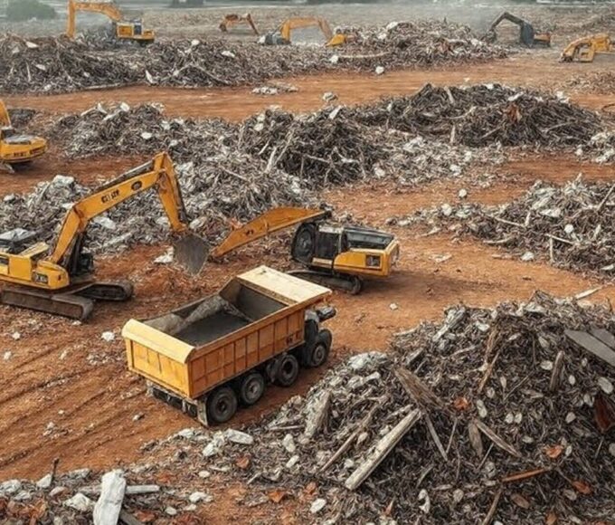 Escombros do Torre Palace Hotel sendo removidos por máquinas após implosão em Brasília.