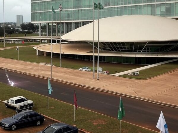 Cena de manifestação em Brasília com marcas de raio no chão e edifícios do Congresso ao fundo.