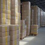 Armazém no DF com caixas de mercadorias apreendidas por auditores contra sonegação de ICMS.