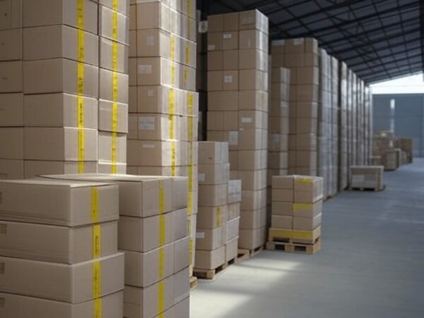 Armazém no DF com caixas de mercadorias apreendidas por auditores contra sonegação de ICMS.