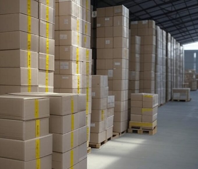 Armazém no DF com caixas de mercadorias apreendidas por auditores contra sonegação de ICMS.