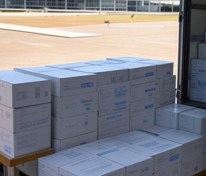 Caixas de vacinas contra febre amarela chegando a Brasília para conter ameaça de surto no Distrito Federal.