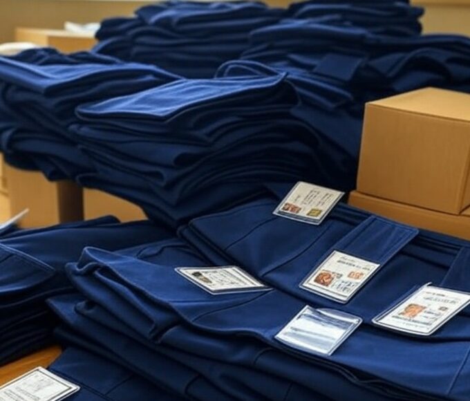 Pilha de uniformes escolares e cartões em sala de aula no DF, representando extensão de prazo do Cartão Uniforme Escolar pela SEEDF devido a falhas logísticas.