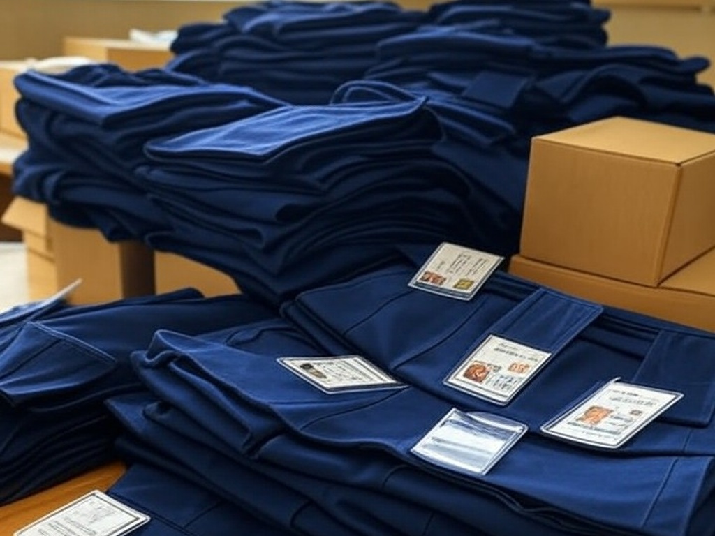 Pilha de uniformes escolares e cartões em sala de aula no DF, representando extensão de prazo do Cartão Uniforme Escolar pela SEEDF devido a falhas logísticas.