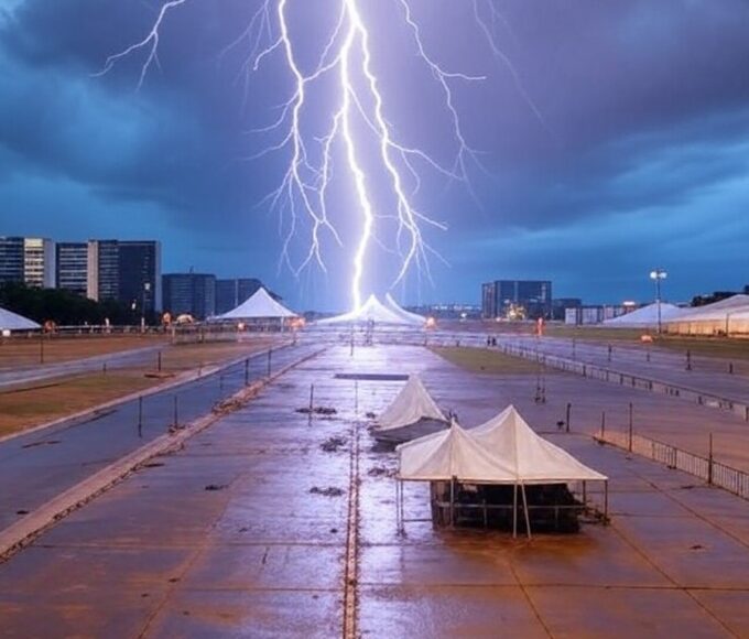 Raio atingindo evento em Brasília durante tempestade, expondo falhas em protocolos de segurança, com estruturas modernas ao fundo.
