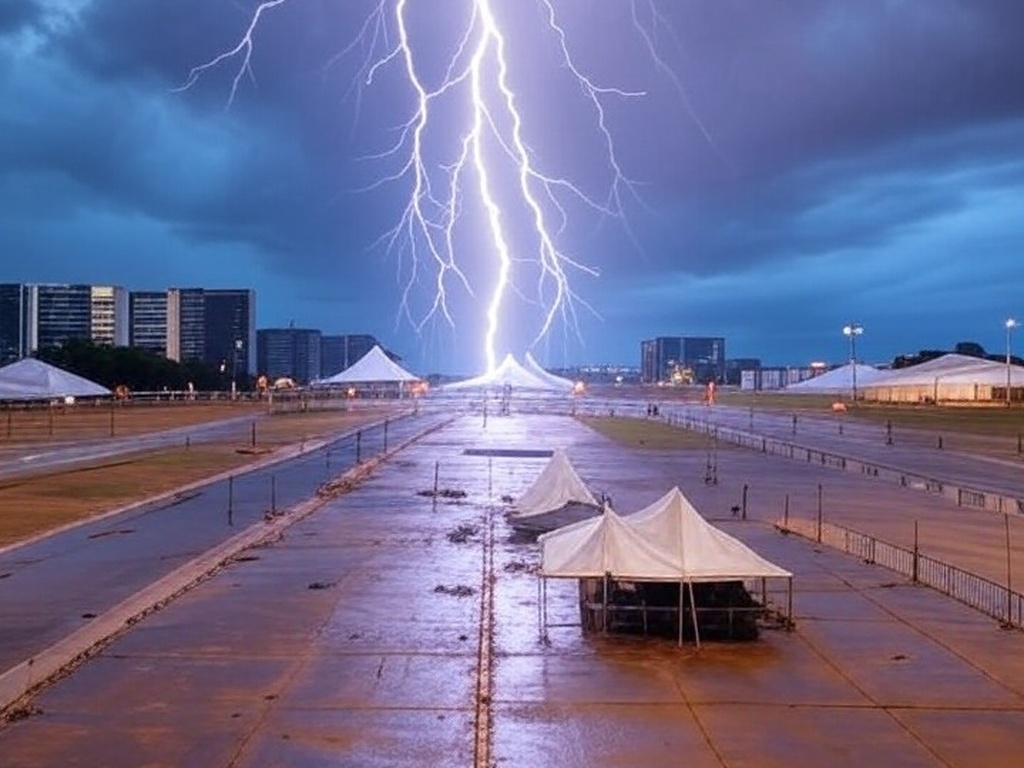 Raio atingindo evento em Brasília durante tempestade, expondo falhas em protocolos de segurança, com estruturas modernas ao fundo.