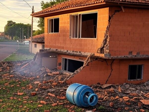 Residência em Ceilândia danificada por explosão de botijão de gás, com destroços e fumaça, em estilo fotojornalístico.