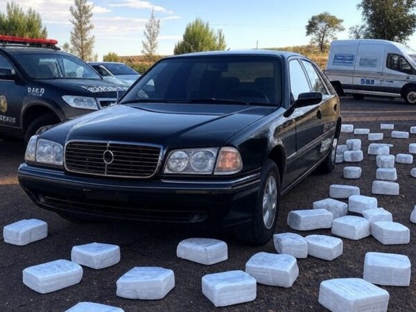 Carro funerário com pacotes de cocaína e viaturas policiais em rua de Luziânia, Goiás.