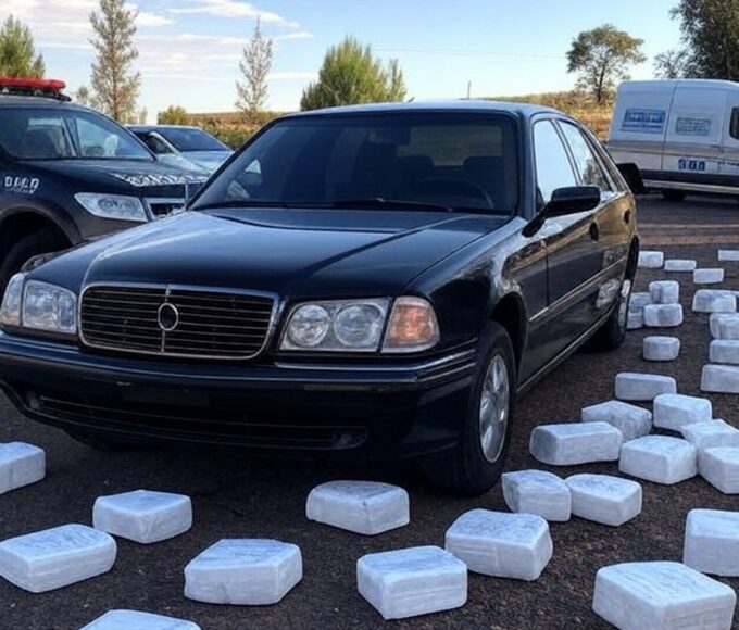 Carro funerário com pacotes de cocaína e viaturas policiais em rua de Luziânia, Goiás.