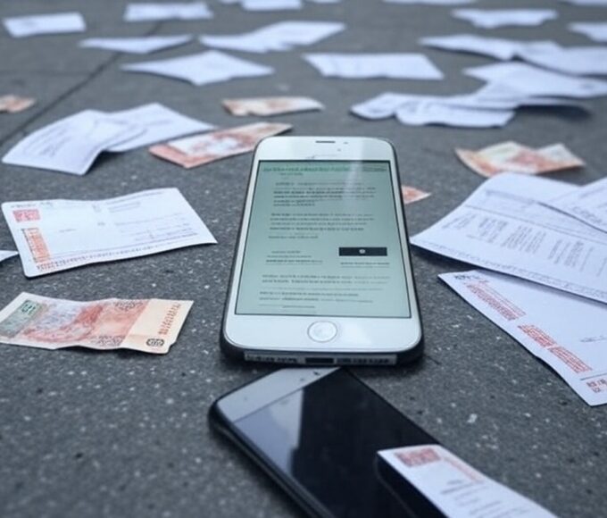 Rua brasileira com smartphone e documentos falsos representando fraude em empréstimos governamentais.