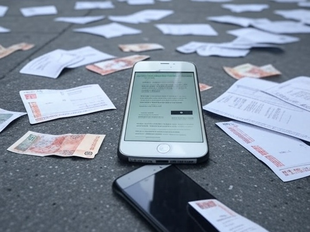 Rua brasileira com smartphone e documentos falsos representando fraude em empréstimos governamentais.