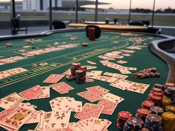 Mesa de jogos de azar com cartas, fichas e dados em ambiente de Brasília, ilustrando estudo sobre apostadores e impactos no DF.
