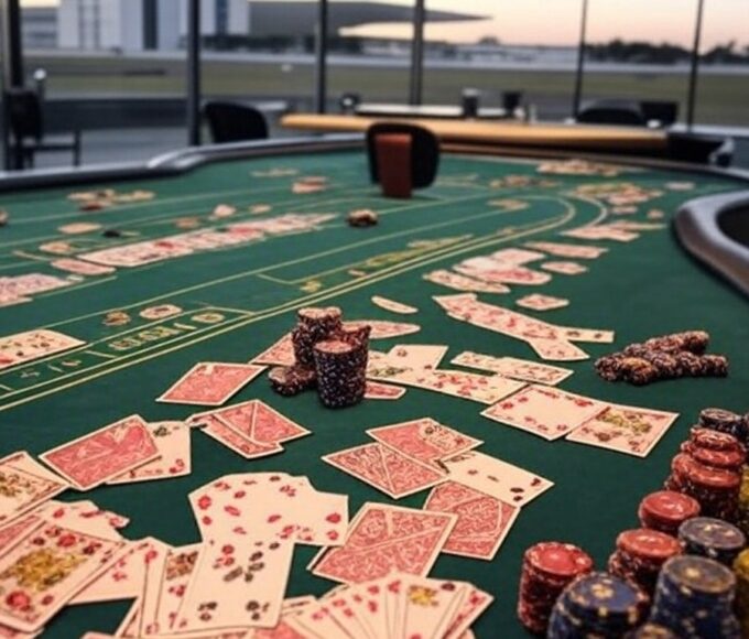 Mesa de jogos de azar com cartas, fichas e dados em ambiente de Brasília, ilustrando estudo sobre apostadores e impactos no DF.