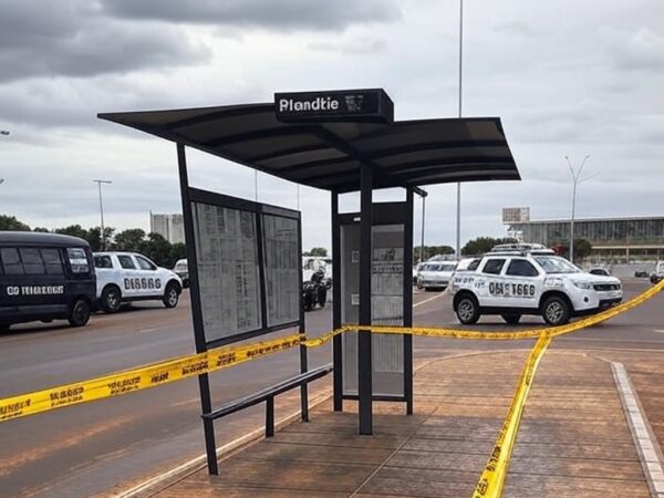 Parada de ônibus isolada com fita policial no DF, cena de investigação de morte, sem pessoas.