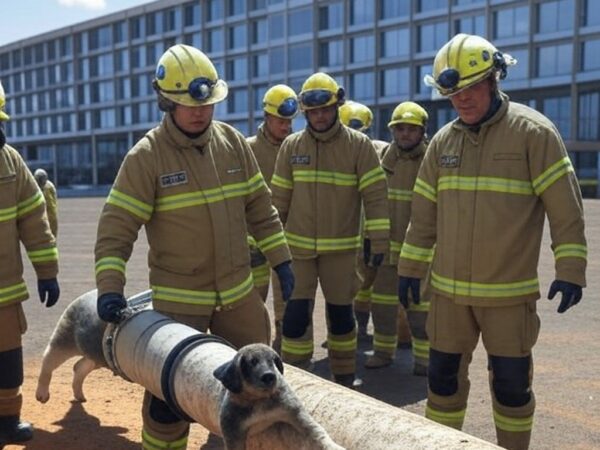 Equipe de bombeiros resgatando filhote de cachorro de tubulação de 10 metros em Brasília, Distrito Federal.