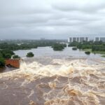 Reservatório do Descoberto transbordando no DF, com água fluindo sobre a barragem, levantando temores de inundações e instabilidades no abastecimento.