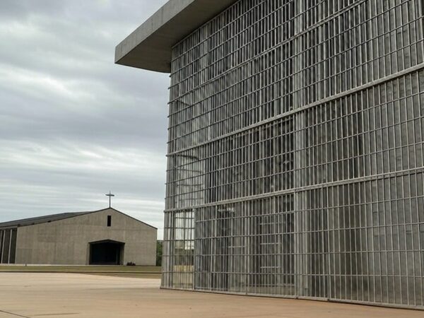 Fachada de prisão federal no Brasil com elementos religiosos ao fundo, representando solicitação de assistência espiritual.