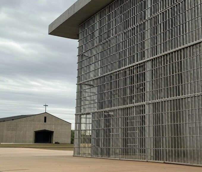 Fachada de prisão federal no Brasil com elementos religiosos ao fundo, representando solicitação de assistência espiritual.