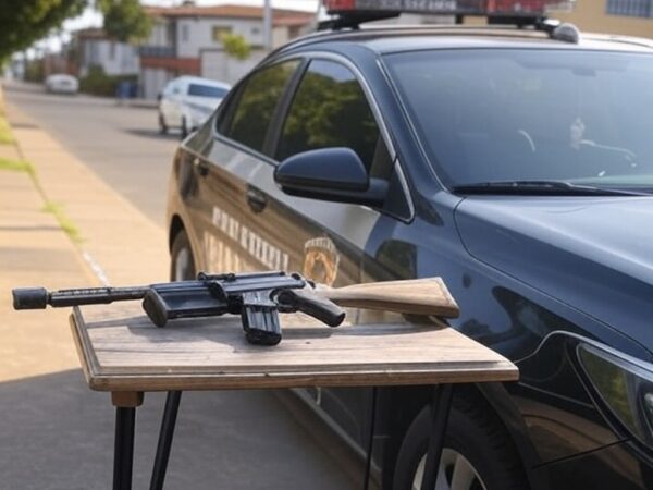 Viatura da Polícia Militar em rua de Ceilândia com carabina municiada apreendida após denúncia de ameaças.