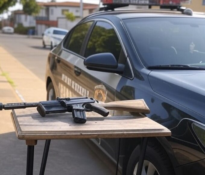Viatura da Polícia Militar em rua de Ceilândia com carabina municiada apreendida após denúncia de ameaças.