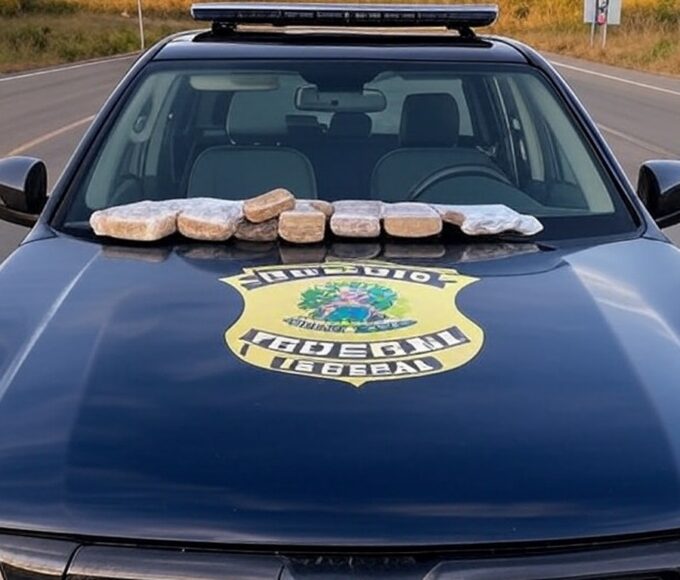 Viatura da polícia com drogas apreendidas na divisa DF-Goiás, em estilo fotojornalístico.