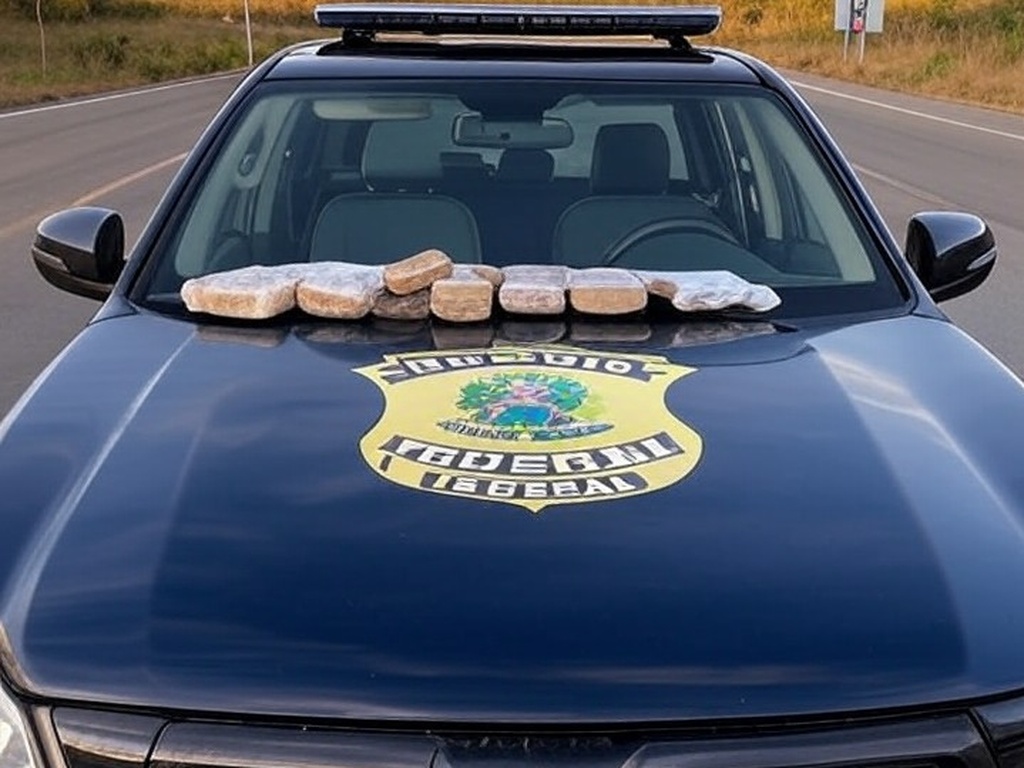 Viatura da polícia com drogas apreendidas na divisa DF-Goiás, em estilo fotojornalístico.