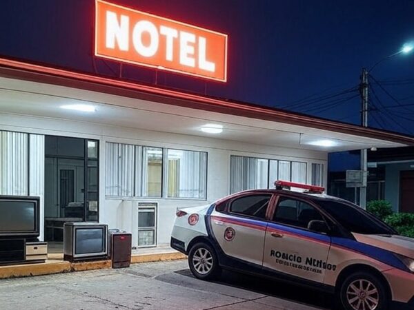 Viatura da polícia em frente a motel no Núcleo Bandeirante após tentativa de furto de TV e itens de frigobar.