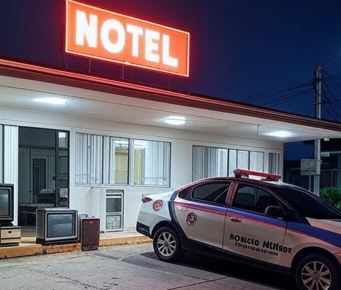 Viatura da polícia em frente a motel no Núcleo Bandeirante após tentativa de furto de TV e itens de frigobar.
