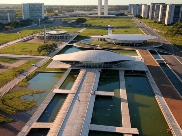 Vista aérea de Brasília representando queda de 96% nos casos de dengue no Distrito Federal em 2025.