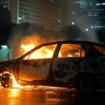 Carro carbonizado em chamas na Estrutural, Brasília, com fumaça e viaturas de bombeiros ao redor.
