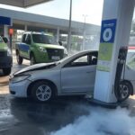 Colisão de carro provoca vazamento de gás em estação na Asa Norte, Brasília, com viaturas de bombeiros no local.