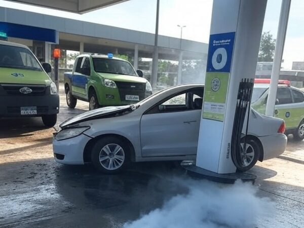 Colisão de carro provoca vazamento de gás em estação na Asa Norte, Brasília, com viaturas de bombeiros no local.