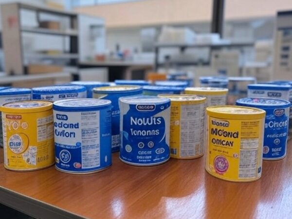 Embalagens de fórmula infantil Nestlé em laboratório de saúde no DF, representando casos de contaminação por cereulide.