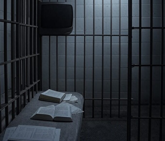 Cela de prisão brasileira com bíblia, documentos jurídicos e TV antiga, representando recomendações da PGR para assistência religiosa e redução de pena, sem Smart TV.