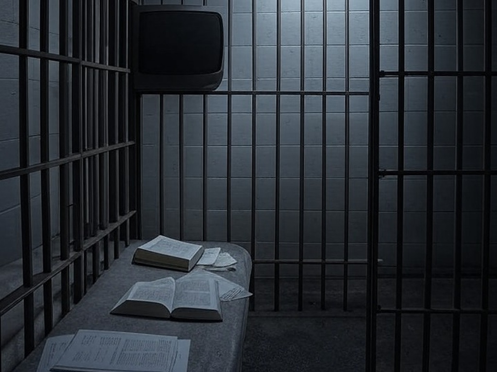 Cela de prisão brasileira com bíblia, documentos jurídicos e TV antiga, representando recomendações da PGR para assistência religiosa e redução de pena, sem Smart TV.